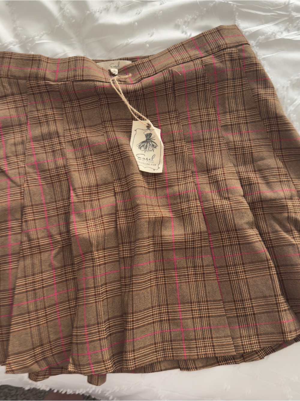 easel Brown Plaid Pleated Skirt with Pink Accents